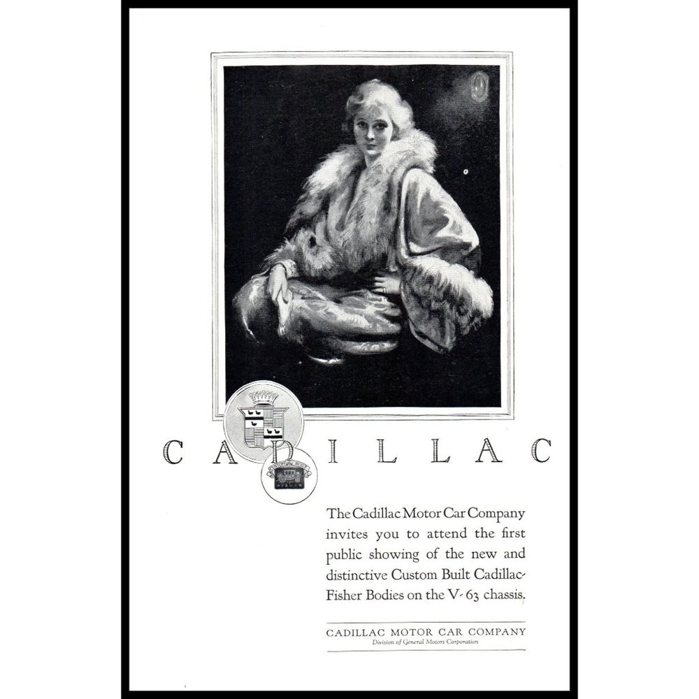 1924 Cadillac V-63 Sedan Vintage Print Ad Woman Fur Coat Luxury Wall Art Photo